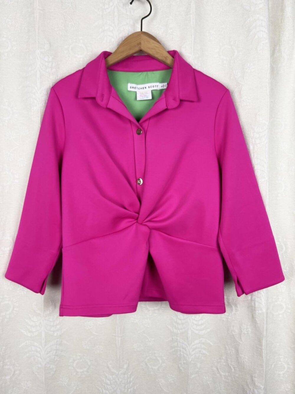 Gretchen Scott Twist & Shout top hot pink stretch jersey button-up blouse ruched - Picture 2 of 9